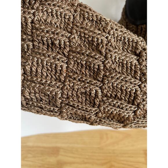 The Sak Brown Crochet Hobo Shoulder Bag Woven Nylon Purse Red Lining Boho - Picture 8 of 14